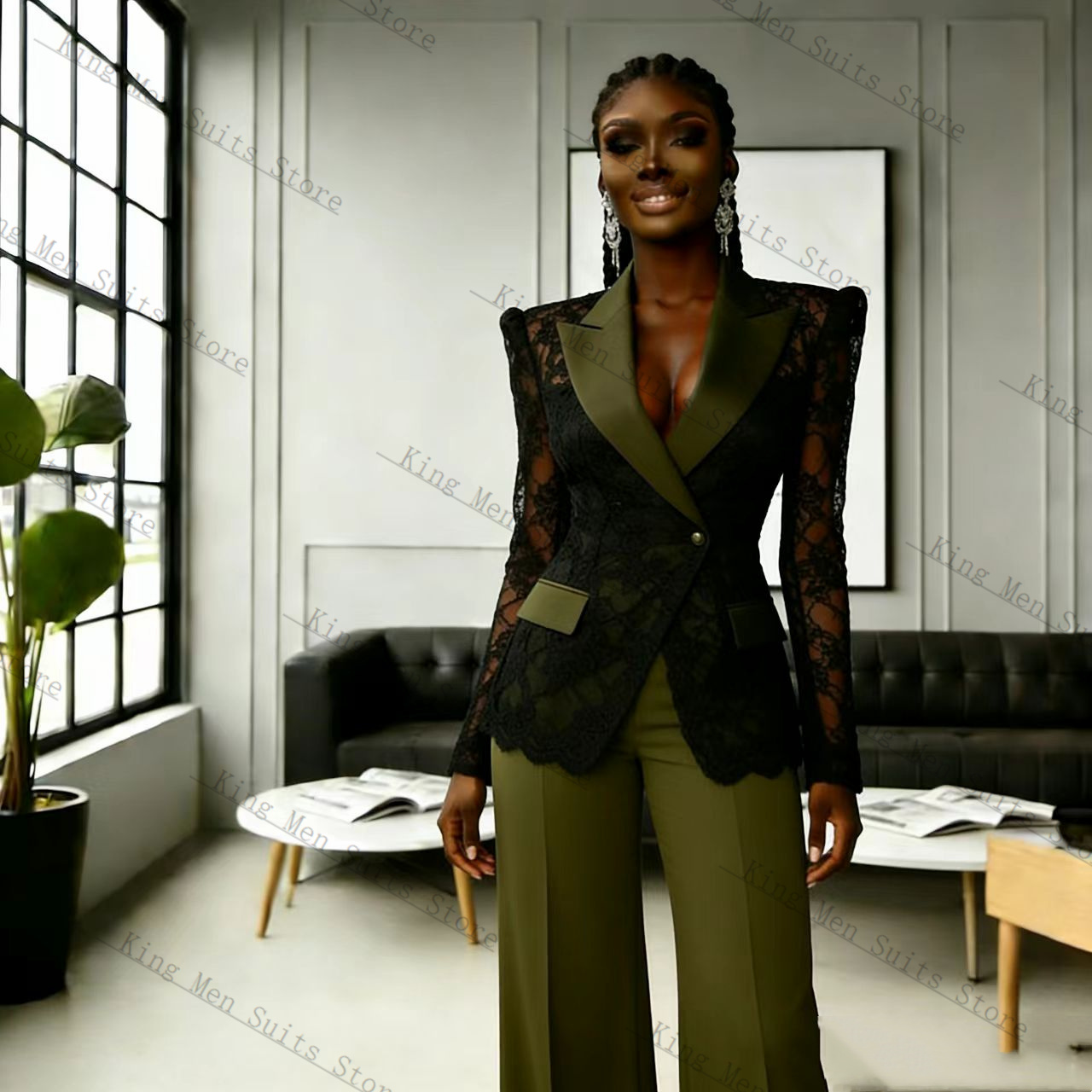 Women'S Green Formal Wear - Green Black Lace Women Suit Set