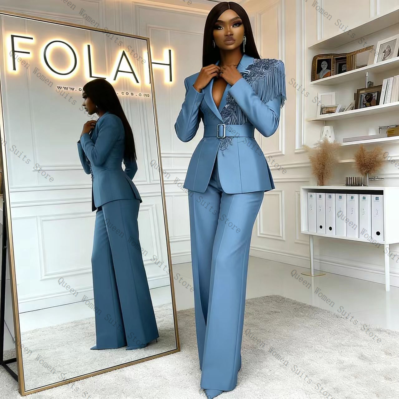 Women'S Formal Wear For A Wedding - Tassel Blue Women Suit Pants Set