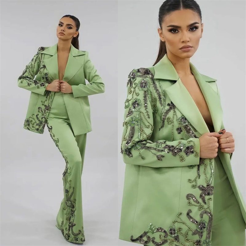 Women'S Green Formal Wear - Designer Green Satin Women Suits Set