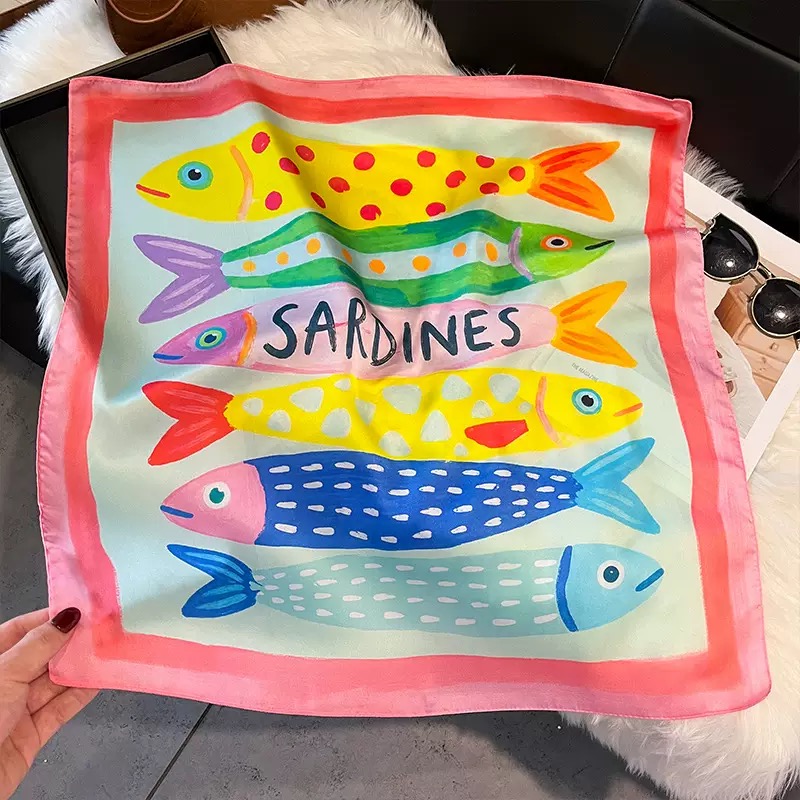 Scarf Silk Neck - Fashion Fish Pattern Square Silk Head